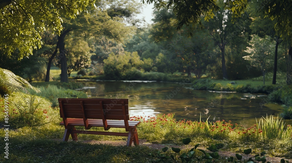 Peaceful Park with Bench by the Lake - Tranquil Outdoor Setting with Lush Greenery Peaceful Park with Bench by the Lake - Tranquil Outdoor Setting with Lush Greenery