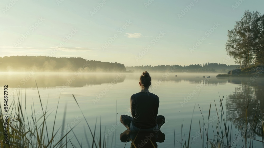 Obraz premium A person practicing mindfulness by the lake