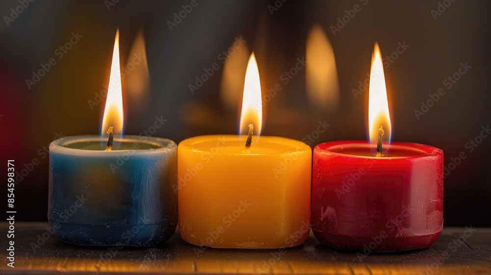 Three candles ablaze placed together Three candles ablaze placed together