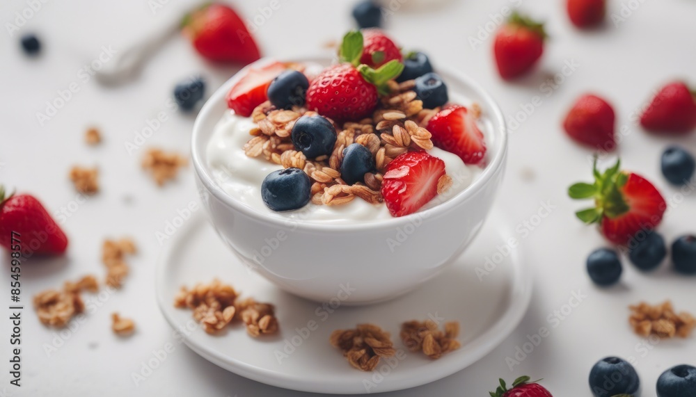 view of aesthetic Yogurt with strawberry. Plain white greek yogurt with fresh berries and granola view of aesthetic Yogurt with strawberry. Plain white greek yogurt with fresh berries and granola