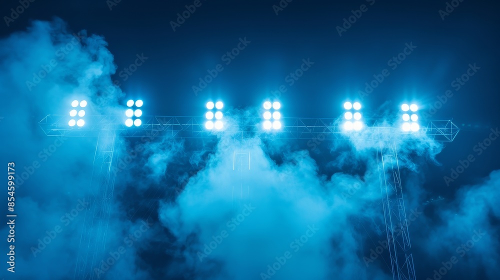 Fototapeta premium close up of stadium lights on blue background with smoke