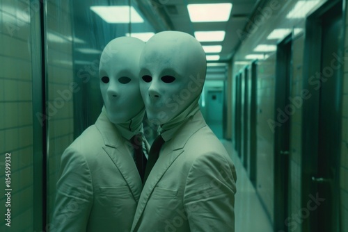 Two eerie masked figures in white suits leaning against each other in a dimly lit, surreal hallway with reflective surfaces.