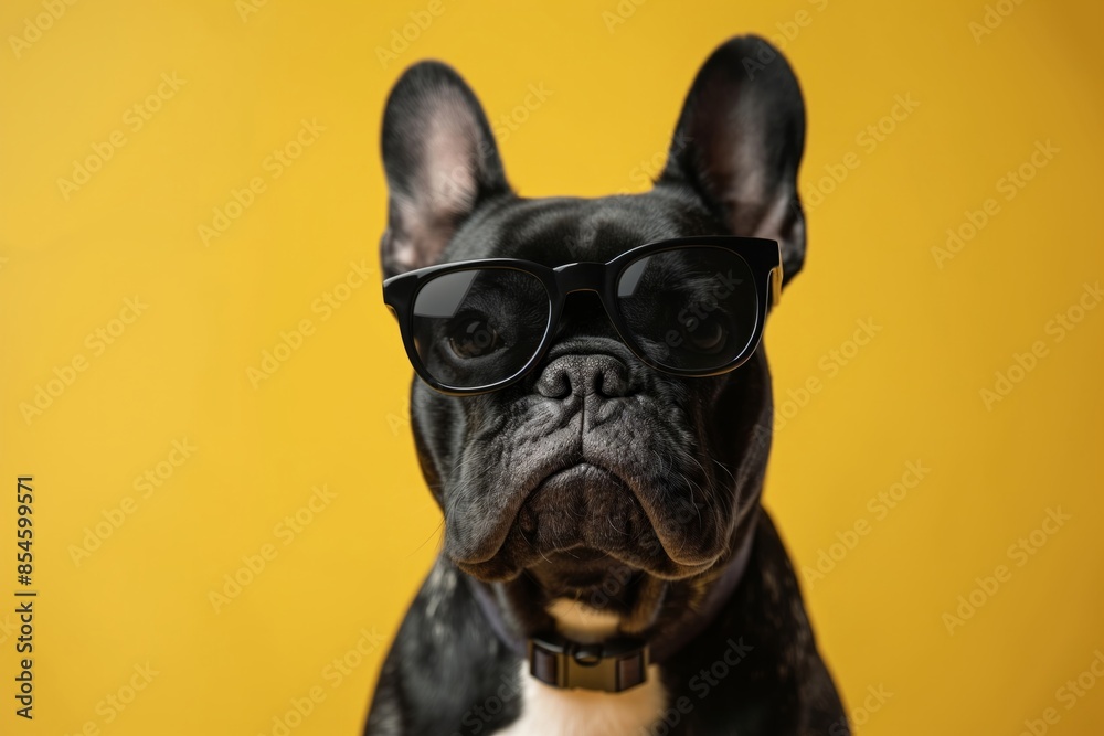 French Bulldog Wearing Sunglasses - Cool and Stylish Dog on Yellow Background