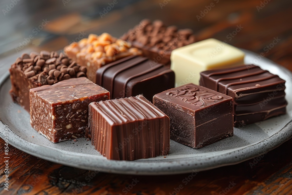 An assortment of fudge pieces in flavors like chocolate, vanilla, and peanut butter, arranged on a plate. An assortment of fudge pieces in flavors like chocolate, vanilla, and peanut butter, arranged on a plate.