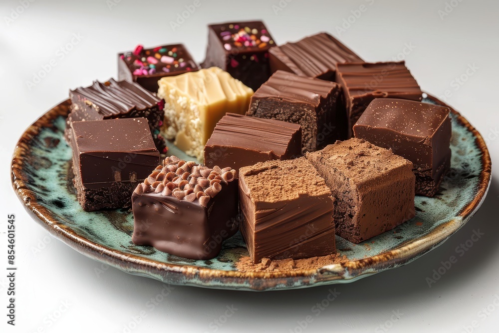 An assortment of fudge pieces in flavors like chocolate, vanilla, and peanut butter, arranged on a plate. An assortment of fudge pieces in flavors like chocolate, vanilla, and peanut butter, arranged on a plate.