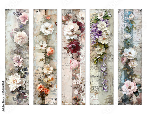 Beautiful bookmarks for book lovers, set of 5, decorative design, size of bookmarks 4,5cm x 18cm, illistration, PNG, love to read, vintage collage with flowers photo