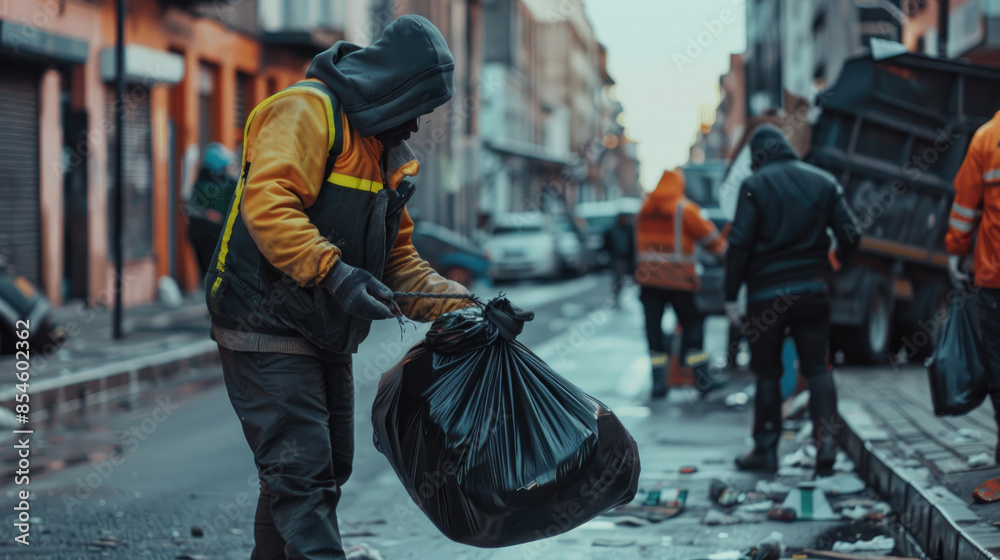 Obraz premium Sanitation Workers Clearing Waste from City Streets with One Lifting Black Bag
