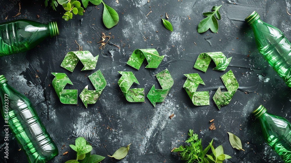 Green glass bottles are arranged in the shape of recycling symbols with greenery scattered around them Green glass bottles are arranged in the shape of recycling symbols with greenery scattered around them