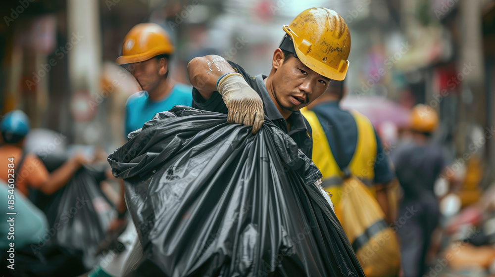 Sanitation Workers Clearing Waste from City Streets with One Lifting Black Bag Sanitation Workers Clearing Waste from City Streets with One Lifting Black Bag