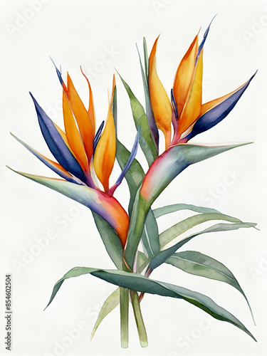 bird of paradise flowers watercolor on white background, colorful flowers