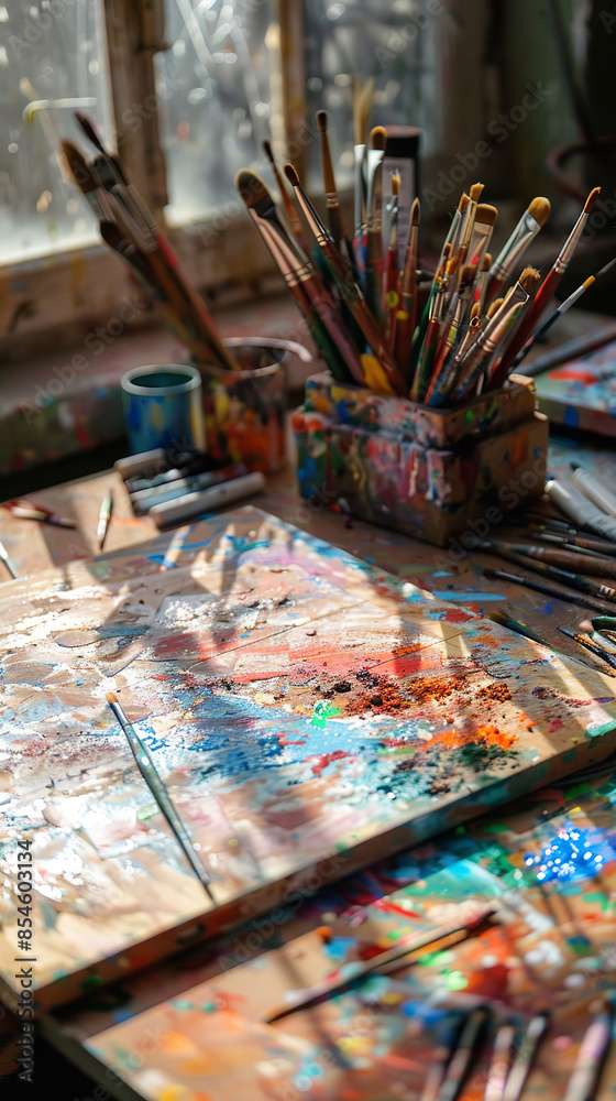 Sunlit Artist Studio with Pigment Powders and Creative Chaos Sunlit Artist Studio with Pigment Powders and Creative Chaos