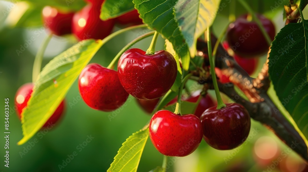 Sweet Red Cherries Growing on the Tree in a Close up Shot Sweet Red Cherries Growing on the Tree in a Close up Shot