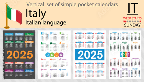 Italian vertical set of pocket calendar for 2025. Week starts Sunday