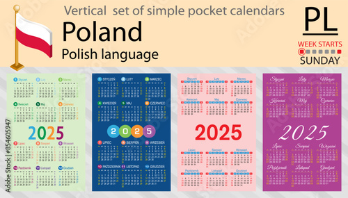 Polish vertical set of pocket calendar for 2025. Week starts Sunday