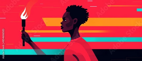 A young person holds a torch with a red background.