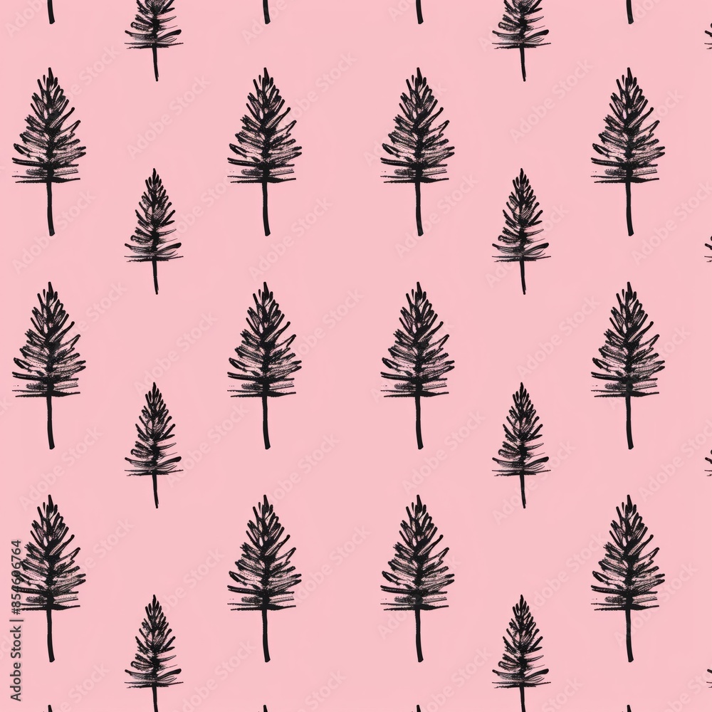 Obraz premium Artistic hand-drawn pine trees pattern on a pink background. Ideal for design and nature-themed projects.
