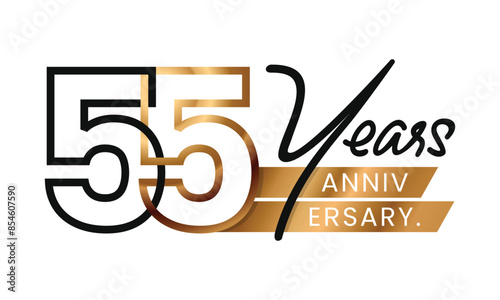 55 Years Anniversary and celebration minimalist line art style. Gold logo abstract Design. Vector Illustration. Number for icon, label, insigna, seal, tag, sign, seal, symbol, badge, stamp, etc.