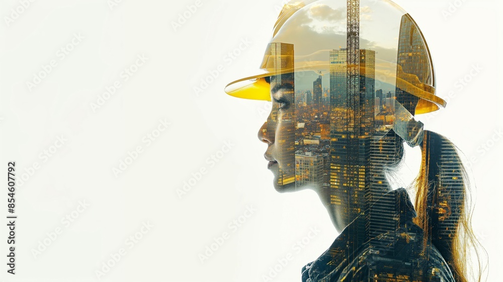 Double Exposure of Woman in Hard Hat and Cityscape - Urban Development and Female Engineer Concept Double Exposure of Woman in Hard Hat and Cityscape - Urban Development and Female Engineer Concept