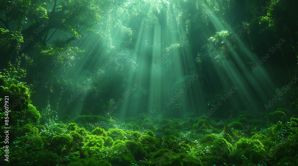 Fototapeta premium A lush green forest with sunlight filtering through the dense canopy. Rays of light create a magical, ethereal effect, and the forest floor is covered in soft moss