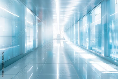 Beautiful light blue blurred background panoramic image of a spacious office or mall hallway.