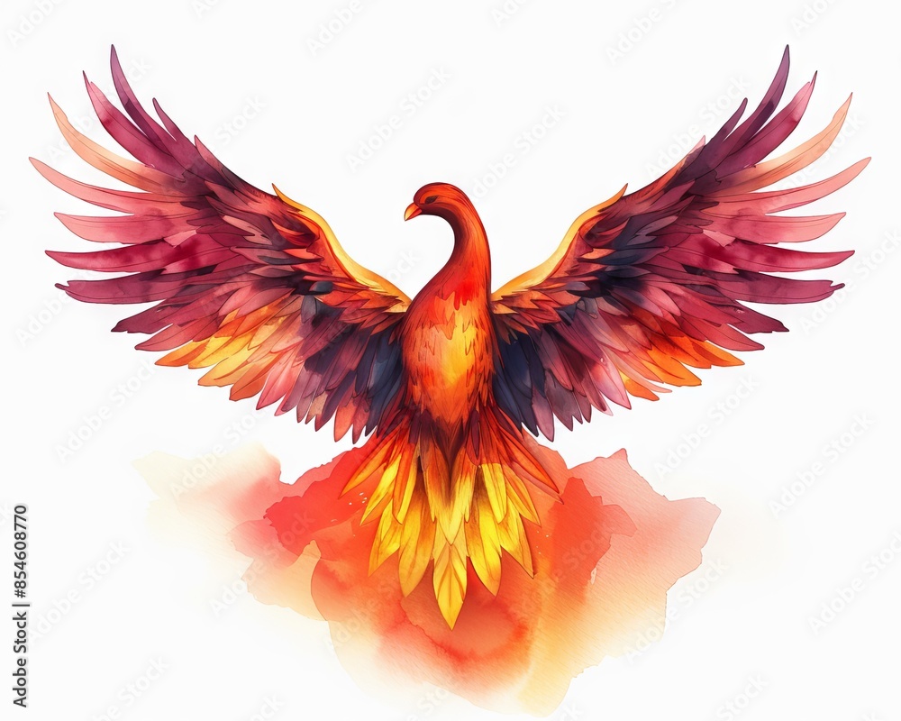 Obraz premium A vibrant, colorful illustration of a phoenix rising from flames, symbolizing rebirth and resilience with open, majestic wings.