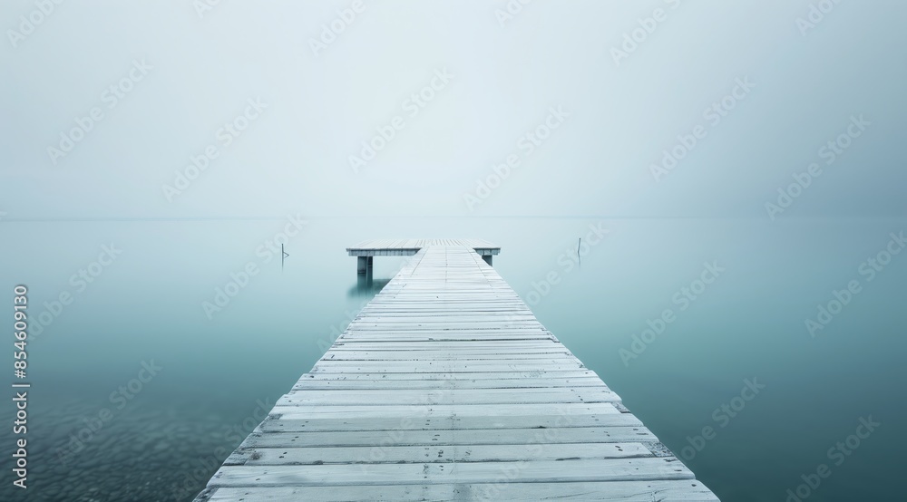 Obraz premium Wooden Pier Extending into Calm Misty Lake with Minimal Horizon and Serene Atmosphere in Soft Blue and White Tones under Foggy Sky