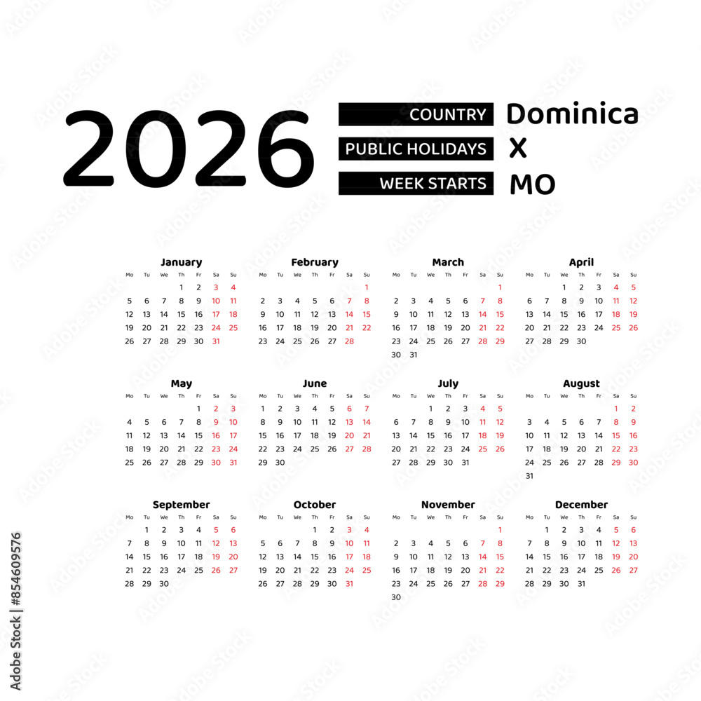 Dominica Calendar 2026. Week starts from Monday. Vector graphic design. English language.. Dominica Calendar 2026. Week starts from Monday. Vector graphic design. English language..
