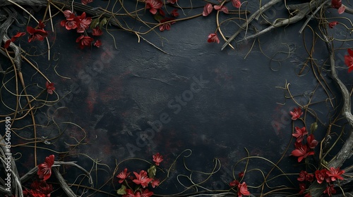 Gothic dark fantasy background framed with dry branches and orange flowers dried