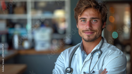 A man in a white lab coat is smiling and posing for a picture