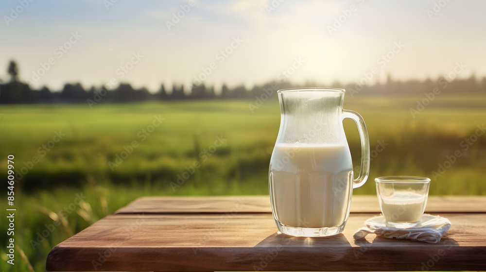 jug filling a glass of milk with field in the background jug filling a glass of milk with field in the background