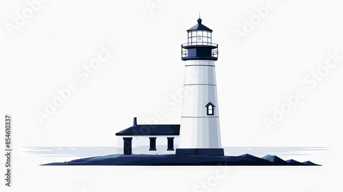 Minimalist illustration of a lighthouse on a coastal rock with attached small building, against a plain white background.