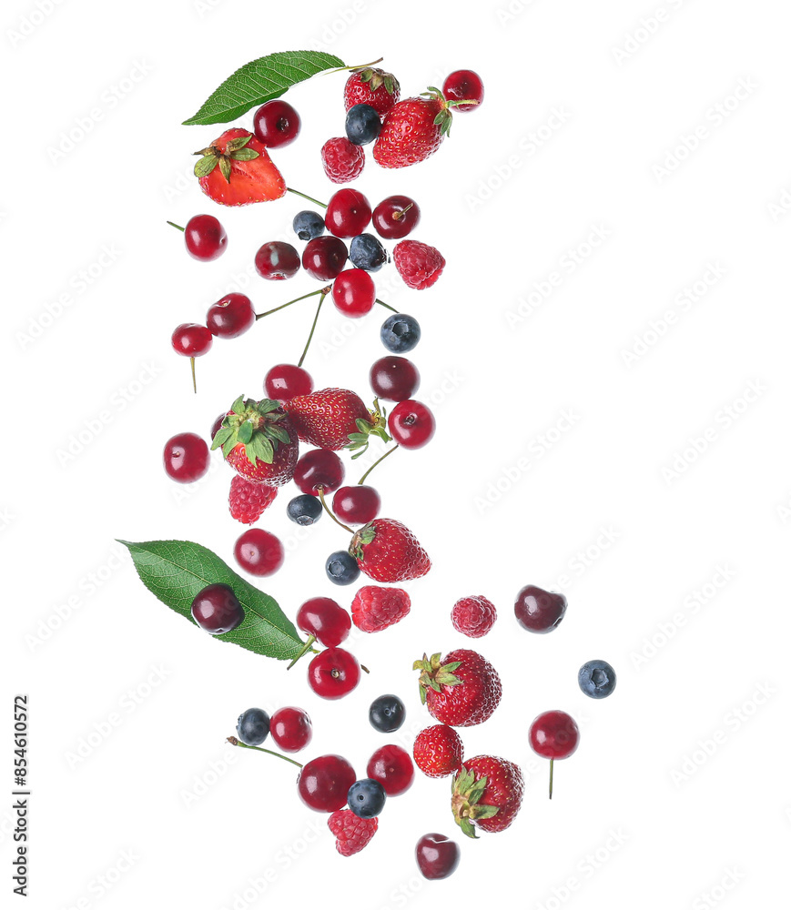 Flying different fresh berries with leaves on white background Flying different fresh berries with leaves on white background