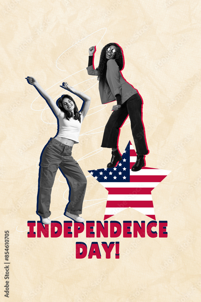 Obraz premium Exclusive magazine picture sketch collage image of carefree girlfriends enjoying 4th july party isolated creative background