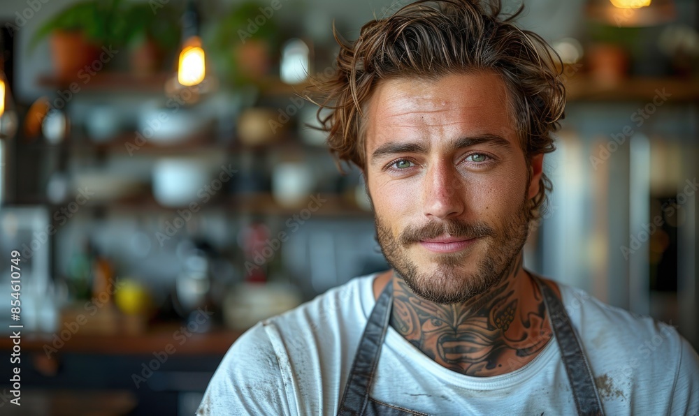 Obraz premium Hyper-Realistic Portrait of Handsome Hipster Man in White Barbecue Apron