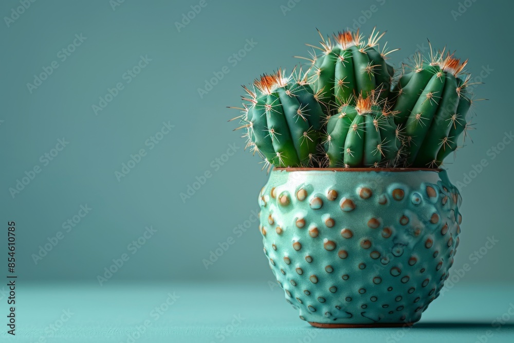 Stylish miniature cactus plant in decorative pot, featuring spiky foliage, set against a harmonizing pastel mint green background. Stylish miniature cactus plant in decorative pot, featuring spiky foliage, set against a harmonizing pastel mint green background.