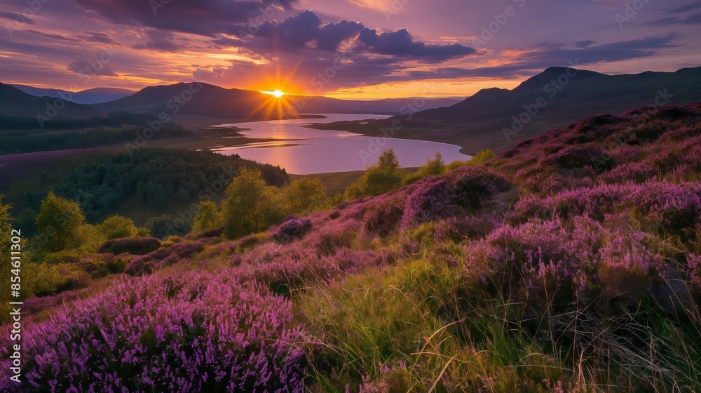 sunset over scottish highlands landscape purple flowers sunset over scottish highlands landscape purple flowers