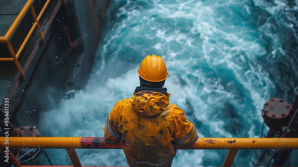 Worker Overseeing Turbulent Water Flow. Worker in a yellow jacket and hard hat looks down at turbulent water flow at a hydroelectric power plant. Worker Overseeing Turbulent Water Flow. Worker in a yellow jacket and hard hat looks down at turbulent water flow at a hydroelectric power plant.