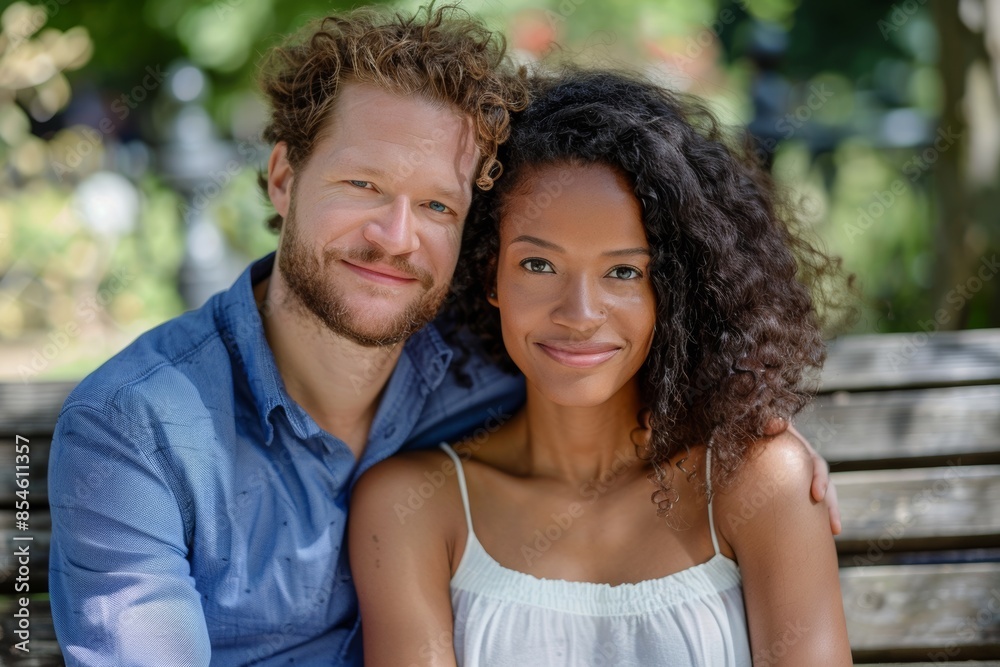 Happy interracial couple on a bench in the park Happy interracial couple on a bench in the park