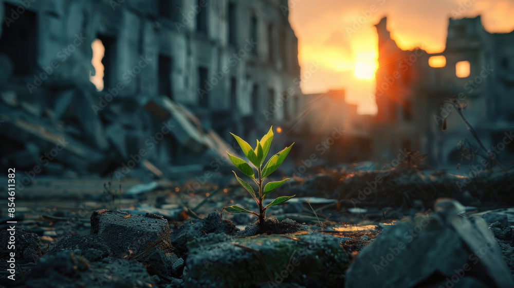 Small Plant Emerging in War Zone Ruins, Signifying Hope and Peace Small Plant Emerging in War Zone Ruins, Signifying Hope and Peace