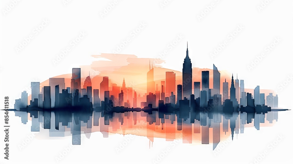 Obraz premium Stunning watercolor painting of a city skyline at sunset, showcasing tall buildings with reflections on a calm water surface.