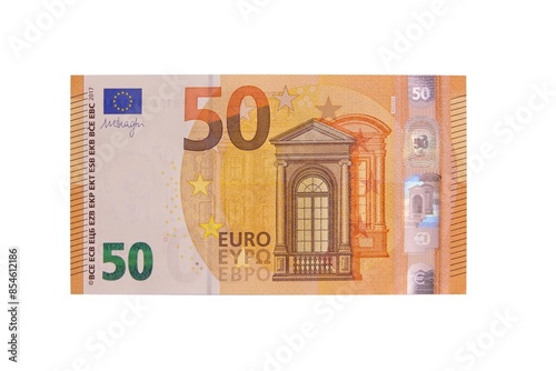 Closeup of fifty euro banknote isolated on a white background.