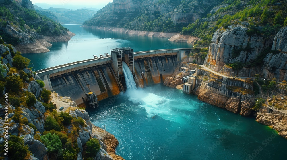 Hydroelectric Dam in Mountainous Region. Hydroelectric dam situated in a mountainous region, with water cascading down and surrounded by rocky cliffs. Hydroelectric Dam in Mountainous Region. Hydroelectric dam situated in a mountainous region, with water cascading down and surrounded by rocky cliffs.