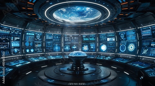 Fototapeta Naklejka Na Ścianę i Meble -  A futuristic control room with multiple screens displaying data, a large circular light in the ceiling, and a central console