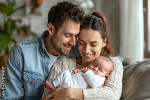 Family, parenthood and people concept. Happy young mother, father with new born baby at home, Generative AI