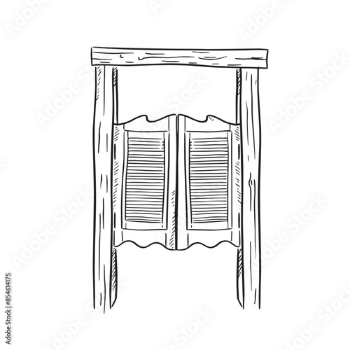 Line drawn illustration of saloon doors in black and white. Drawn by hand and vectorised in a sketchy style. Inspiration taken from the Wild West and saloon bars. 