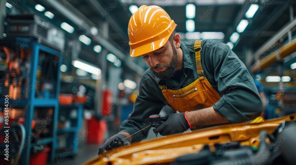 Portrait of a skilled mechanic in a yellow hardhat checking the engine oil level of a car at a service station The mechanic is using tools to inspect the vehicle Portrait of a skilled mechanic in a yellow hardhat checking the engine oil level of a car at a service station The mechanic is using tools to inspect the vehicle