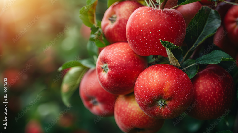 Cluster of ripe red apples hanging on a tree branch with foliage. Cluster of ripe red apples hanging on a tree branch with foliage.