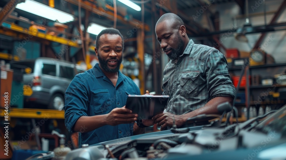 Automotive Repair Service Advisor Discussing Car Maintenance and Service Options with Customer in Auto Repair Workshop Two Men Collaborating on Vehicle Repair and Maintenance Automotive Repair Service Advisor Discussing Car Maintenance and Service Options with Customer in Auto Repair Workshop Two Men Collaborating on Vehicle Repair and Maintenance