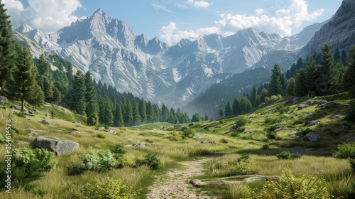 Photo of a realistic alpine valley. Photo style. In the foreground is a valley with a path. Then there was the forest and in the mountains behind, a sunny scene, shadows on the side.