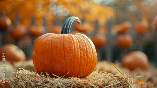 Pumpkin on a hay bale with blurred background